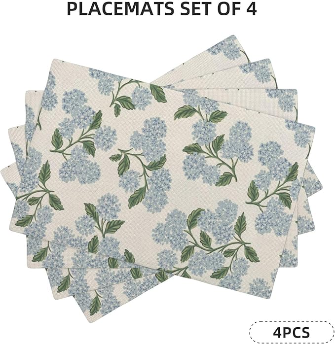 Blue Green Spring Placemats Set of 4 Hydrangea Flower Decor Place Mats 12x18 Inch Vintage Floral Summer Seasonal Decorative Linen Table Mats for Home Kitchen Dining Party Table Decoration