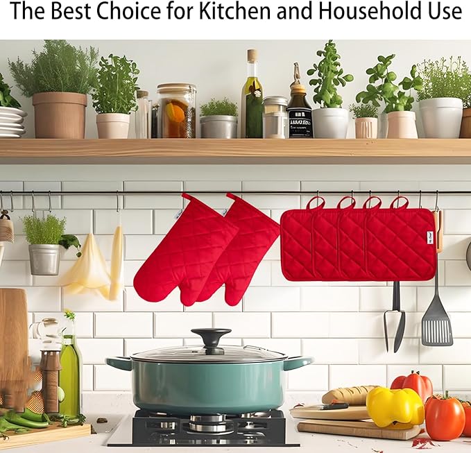 Oven Mitts and Pot Holders Sets,6 Pcs Oven Mitts and Potholders with Recycled Cotton High Heat Resistant Extra Thick Long Oven Mitts for Cooking(Red)