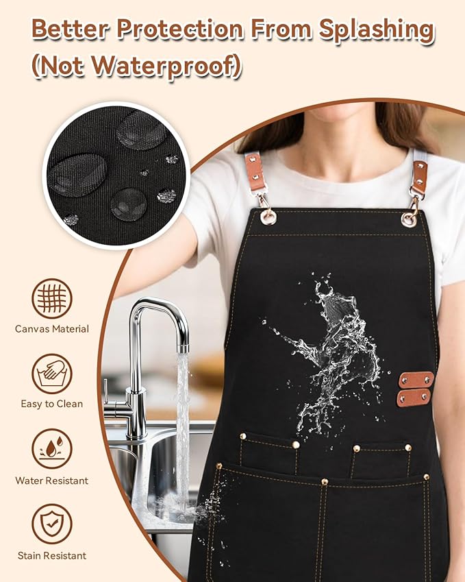 Teskyer Kitchen Cooking Apron with Pockets, Water Oil Resistant, Canvas Cross Back Aprons for Men Women Chef Server
