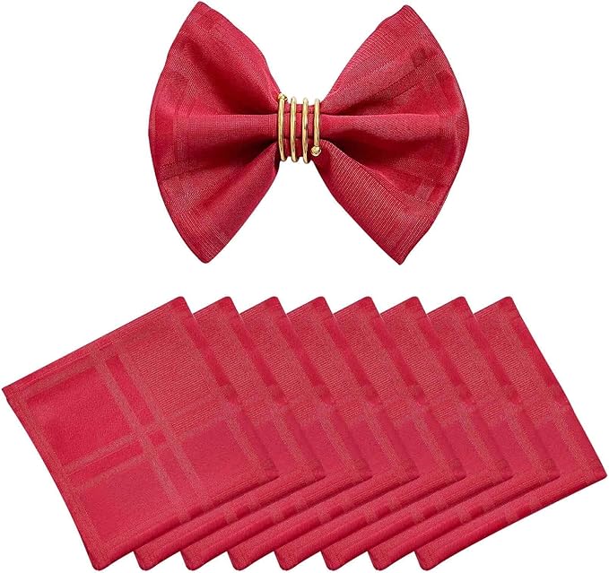 Plaid Cloth Napkins Set of 8, Checkered Style Jacquard Fabric Polyester Washable Reusable Cloth Napkins for Kitchen Dining Restaurants Wedding Party 17X17 Inch Red
