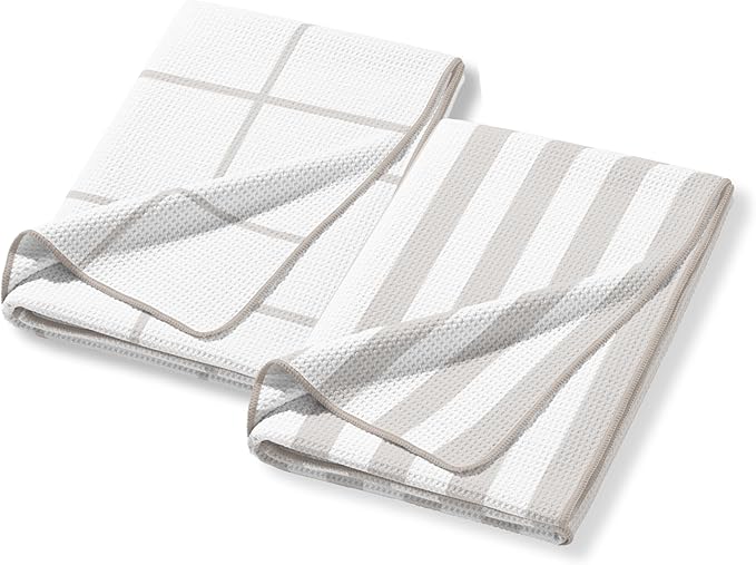 HALL & PERRY Kitchen Tea Towel, Ultra Soft, Quick Dry Microfiber Dish Cloths - 18"x30" Premium Quality Waffle Towel - Stripes and Plaid, Taupe (2, Wesley)