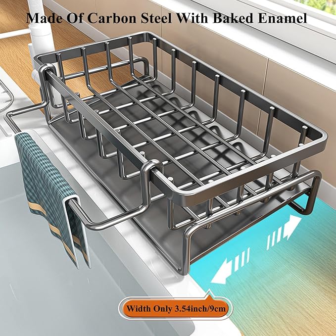 Sponge Holder for Kitchen Sink with Rag Holder, Kitchen Countertop Organizers and Storage Essentials, Rustproof Carbon Steel, Soap Dispenser Organize (Black)