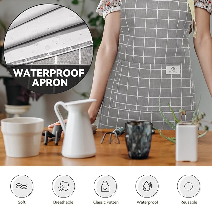 2 Pieces Aprons for Women with Pockets, Cotton Linen Waterproof Kitchen Cooking Aprons, Chef Apronfor Men Women with Adjustable Neck Strap and Long Ties(Grey/Green)