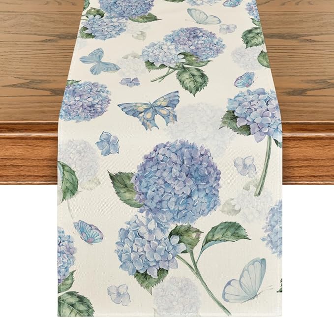 Artoid Mode Hydrangea Butterfly Summer Table Runner, Seasonal Spring Holiday Kitchen Dining Table Decoration for Home Party Indoor 13x48 Inch