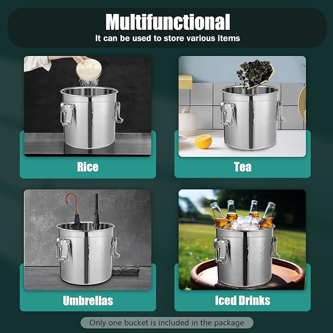 12L/3.17Gal Stainless Steel Airtight Canister 0.6mm Silver Food Storage Canisters with Airtight Lid&Locking Clamp Rice Cereal Grain Canisters Container Bucket for Rice Milk Coffee Bean Storage
