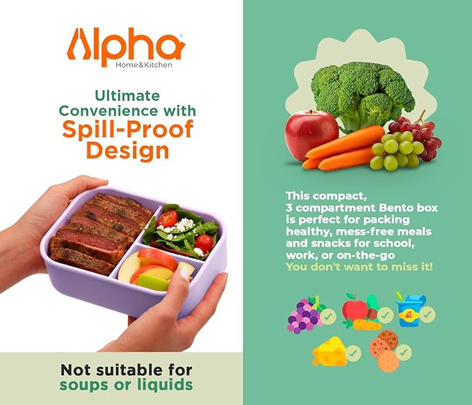 3 Compartment Silicone Bento Box for Kids – BPA Free Snack Container, Leak-Resistant School Lunch Box, Small Portions, Easy to Clean, Dishwasher Safe