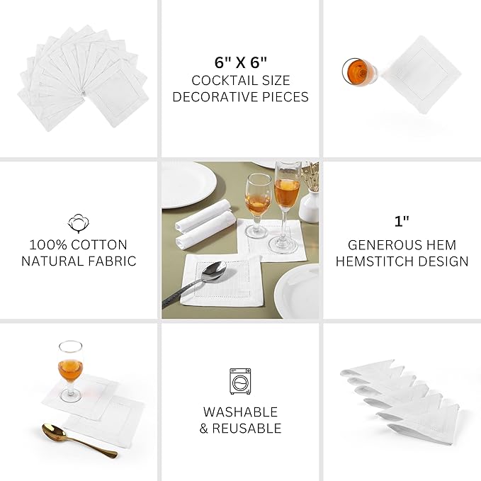 FINGERCRAFT Cocktail Napkins 6 x 6 Inch Premium Quality Cotton, Generous Hemstitch and Mitered Corner Set of 12 Coaster Cloth White