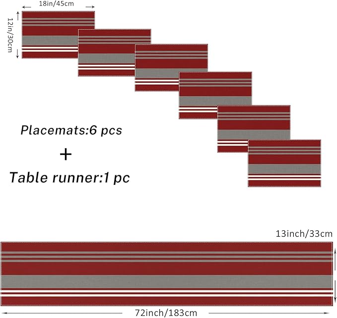 ArtSocket Burgundy Table Runner and Placemats Set of 6, Red Stripes Colorful Grey Line Vintage Abstract Art Dining Decor for Daily Use(1 Table Runner 72 inches Long and 6 Placemats)