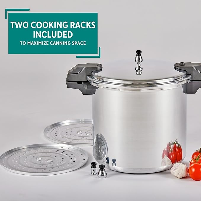 MIRRO 22qt Aluminum Pressure Canner with 3 Regulators & double Cooking Racks, 5/10/15 PSI