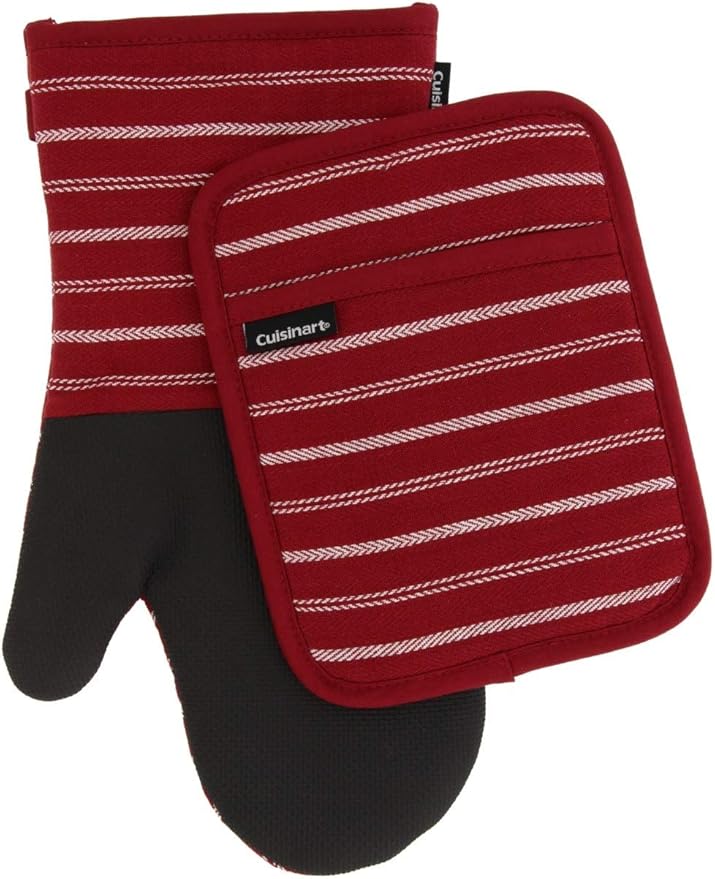 Cuisinart Neoprene Oven Mitts and Potholder Set-Heat Resistant Oven Gloves to Protect Hands and Surfaces with Non-Slip Grip, Hanging Loop-Ideal for Handling Hot Cookware Items, Twill Stripe Red Dahlia