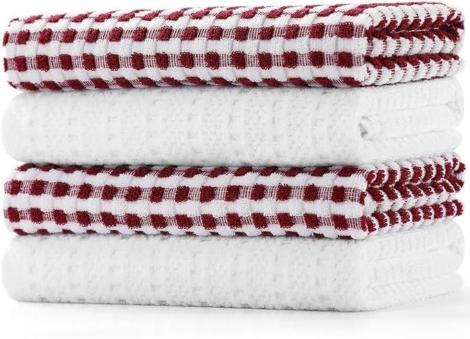 SALAS Cotton Dish Towels Cloths for Kitchen Drying Dishes, Lattice Terry Kitchen Towels, Absorbent Cloths with Hanging Loop, 16‘’ x 26‘’, 4 Packs, Wine Red and White