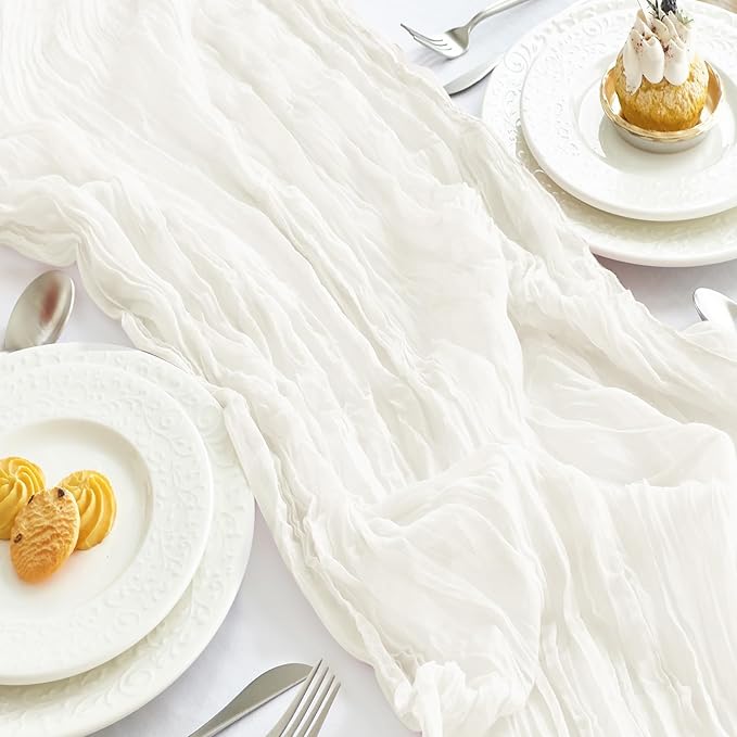 IVAPUPU 2 Pcs Cheesecloth Table Runner - 10ft Ivory White Spring Boho Gauze Cheese Cloth Table Runners for Baby Shower Decorations Wedding Party Garden Farmhouse Decor