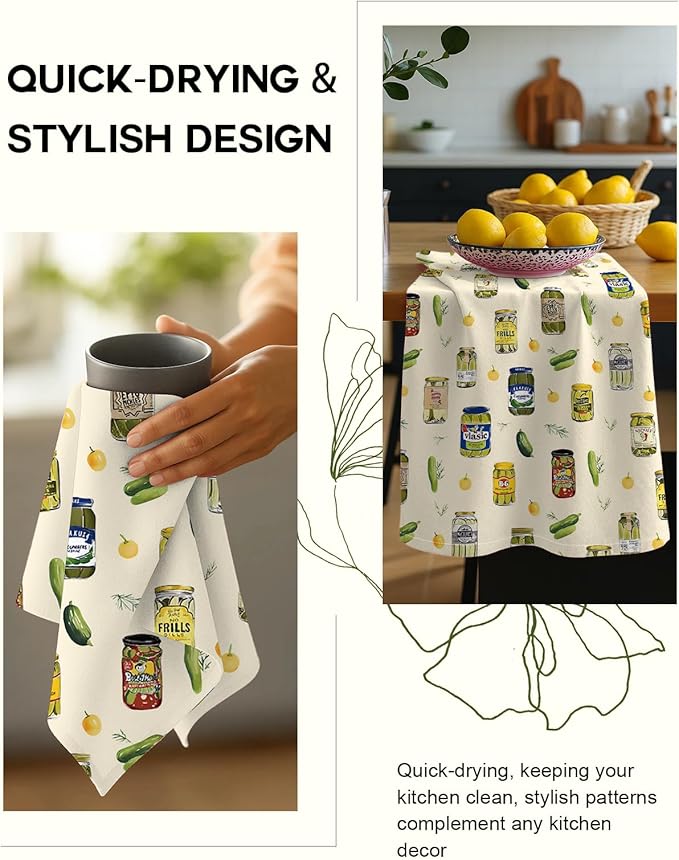 Miss Adola Flour Sack Kitchen Towels - Set of 2 Spring Dish Towels with Hanging Loop 18x26 Inch Absorbent Reusable Cotton Cloths for Cleaning Cute Design Home Decorative Housewarming, Canned Kimchi