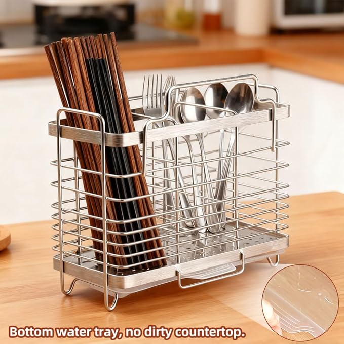 Kitchen Utensil Holder, Stainless Steel Utensil Drying Rack with Hooks, Utensil Holder Counter Organizer, 3 Compartments for Forks, Knives, Spoons, Chopsticks & Cooking Tools (Silver)