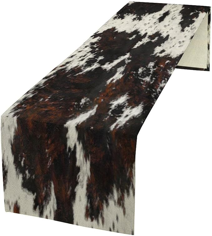Cow Skin Print Table Runner, Rustic Cottage Country Farm Animal Fur Skin Western Style Black Brown Cowhide Print Dinner Runner for Home Kitchen Dining Table Decoration 13"x108"