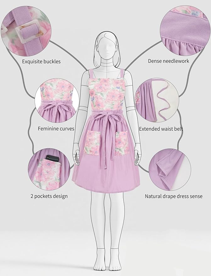 Pinknoke Vintage Pinafore Apron Dress for Women with Pockets Cute Floral Chef Aprons for Kitchen Cooking Baking Gardening