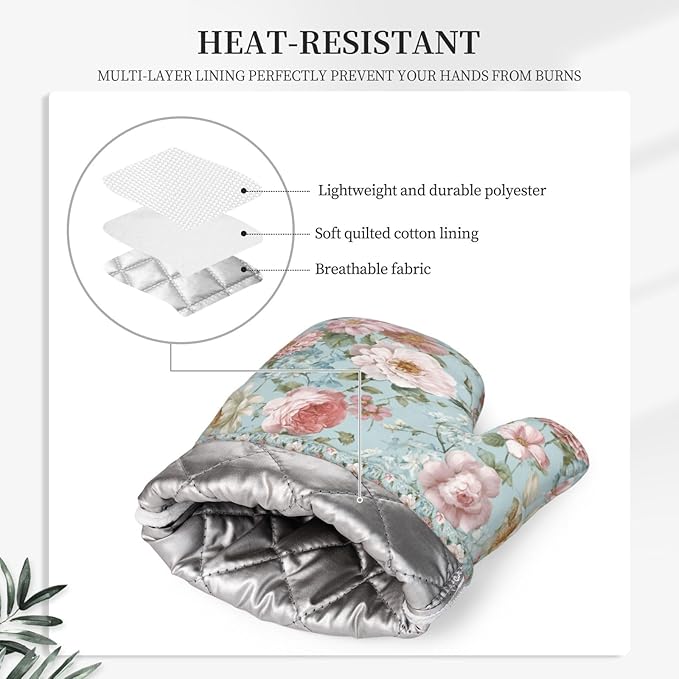 Oven Mitts and Pot Holders Flower Vintage Peony Floral Silicone Kitchen Accessories Set of 2 Heat Resistant Long Gloves Potholder Non-Slip Grip for Chef Cooking,Baking,Grilling,BBQ