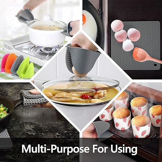 Silicone Oven Mitts and Pot Holders Sets, MTZRFLL Extra Long Heat Resistant Oven Gloves with Hot Pads and Mini Oven Mits Set for Kitchen Cooking Baking, Soft Quilted Lining, Pack of 6 (Gray)