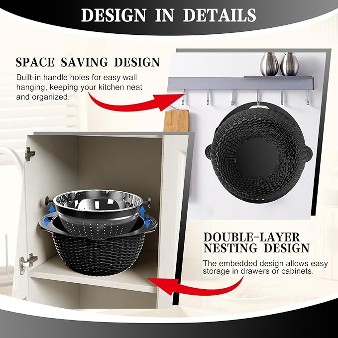 4-1 Colander with Bowl Set - Colander for Kitchen - Rotatable Strainers and Colanders(Patented) - Pasta Strainer - Bowl With Colander & New Upgraded Graters for Fruit Veggie, Kitchen Essentials, Black