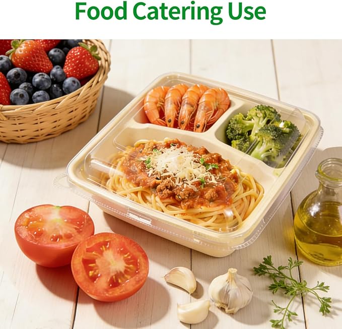 bloomoon 3 Compartment 8x8 inch Take Out Lunch Box Containers with Lids, Disposable 3 Compartment Meal Prep Bento Box Containers, 50 Bowls 50 Lids