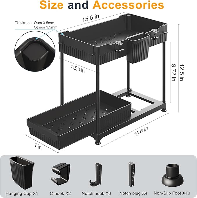 Sevenblue 2 Pack Multi-Purpose Under Sink Organizers and Storage, 2026 Pull Out Cabinet Organizer for Bathroom & Kitchen, Under Cabinet Organizer with Hooks Hanging cup, Black