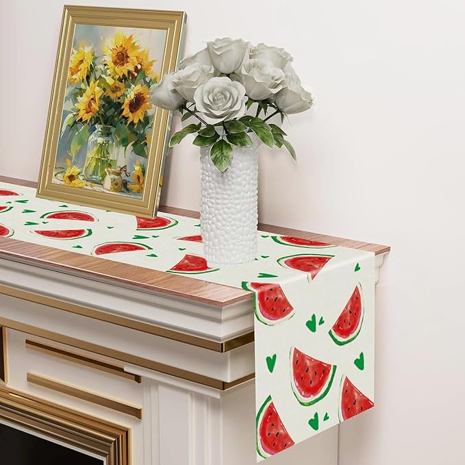 Summer Table Runner Watermelon Green Heart Burlap Table Decoration Holiday Home Party Kitchen Dining Table Supplies 13x48 Inch