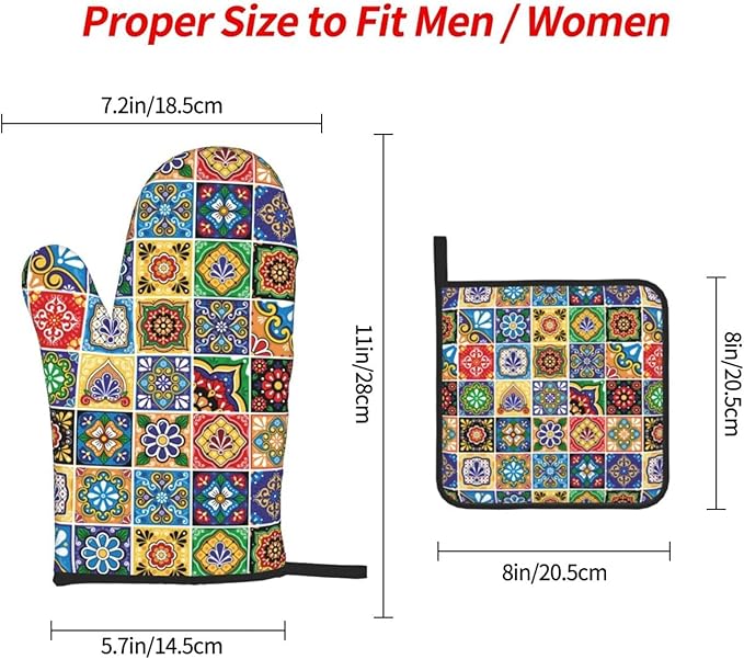 Mexican Talavera Tile Oven Mitts and Pot Holders Sets of 3, Heat Resistant Non-Slip Polyester Colorful Talavera Kitchen Gloves Gifts for Cooking Lovers, Vibrant Kitchen Decor for Baking BBQ Cooking