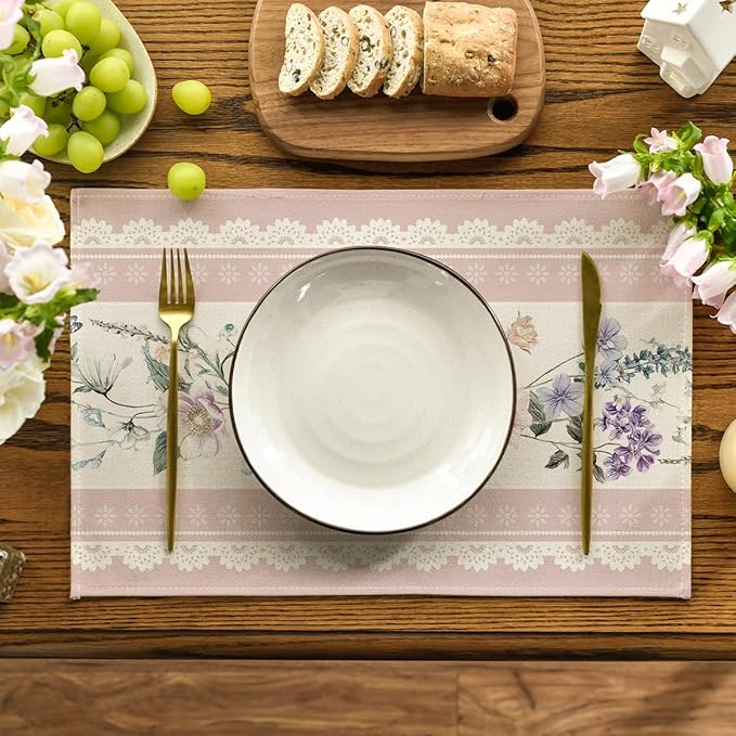 Artoid Mode Pink Printed Lace Floral Spring Placemats Set of 4, 12x18 Inch Seasonal Summer Holiday Table Mats for Party Kitchen Dining Decoration