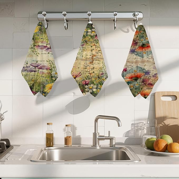 ZHAMEN 3 Pcs Watercolor Design Kitchen Towels, Colorful Flower Decorative Absorbent Microfiber Dish Cloth Tea Towel, Vintage Waffle Soft Hand Towels for Farmhouse Home Bathroom, Housewarming Gifts