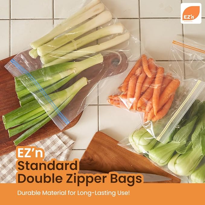 EZ'n Standard Double Zipper Food Storage Bags – Variety Pack, S,M,L Size, Durable, BPA-Free, Leakproof & Freezer Safe Resealable Plastic Bags - Made in Korea