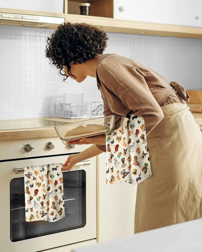 Miss Adola Flour Sack Kitchen Towels - Set of 2 Spring Dish Towels with Hanging Loop 18x26 Inch Absorbent Reusable Cotton Cloths for Cleaning Cute Design Home Decorative Housewarming, Dog Lovers