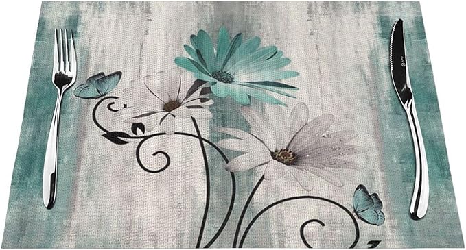 Floral Place mats Set of 6, 12x18 Inches Summer Teal Blue Daisy Flower Decorative Rectangle Table Mats for Party Home Kitchen Dining Table Decoration