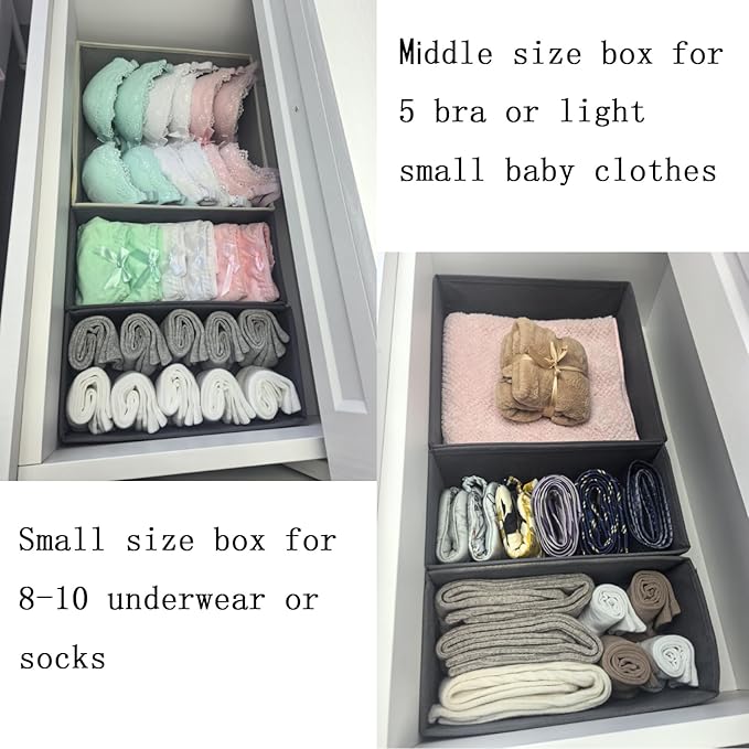 Bructhun Drawer Organizer Set of 4 Light Grey - Fabric Storage Bins for Clothes, Underwear, Socks & Bras - 11" Dresser Dividers for Bedroom Closet