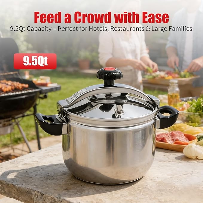 9.5 Qt Pressure Cooker, Stainless Steel Large Capacity Pressure Canner with Double Valves, Clamp On Type Commercial Pressure Stewing Pot for Hotels, Restaurants, Family (9.51 Qt)