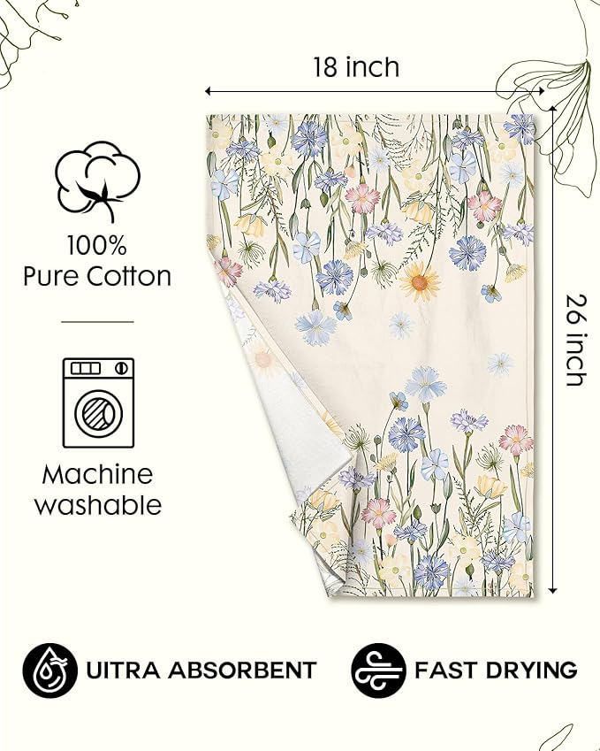 Miss Adola Flour Sack Kitchen Towels - Set of 2 Spring Dish Towels with Hanging Loop 18x26 Inch Absorbent Reusable Cotton Cloths for Cleaning Cute Design Home Decorative Housewarming, Colorful Flower