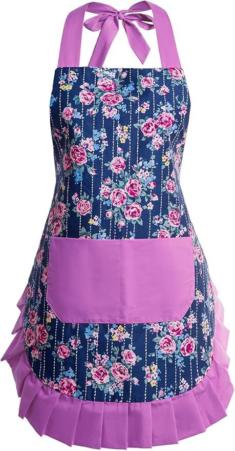 Vintage Floral Apron for Women with Functional Pockets Adjustable Neck Strap for Cooking Baking Mother's Gift