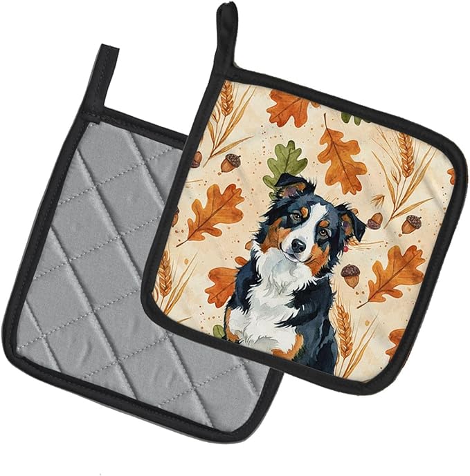 Caroline's Treasures Black Tri American Shepherd Heirloom Fall Pair of Pot Holders Pair 7.5x7.5 Quilted Insulated Hot Pads Decorative Kitchen Gift Made in USA