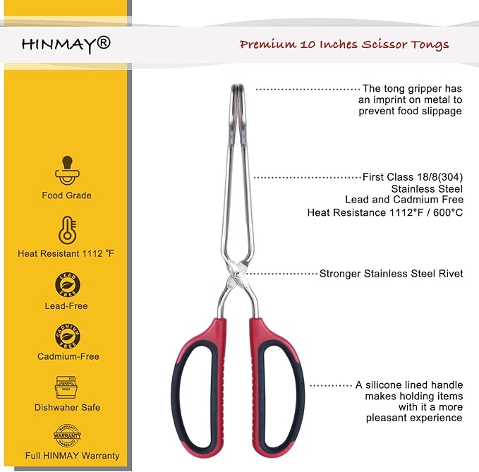 HINMAY Stainless Steel Scissor Tongs with Comfort-Grip Handle 10-Inch