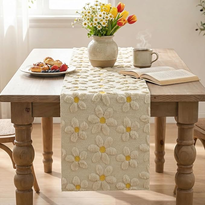 Artoid Mode Beige Soft Plush Faux Fur Jacquard Embroidery Daisy Spring Table Runner, Kitchen Dining Table Decoration for Home Party Decor 13x60 Inch