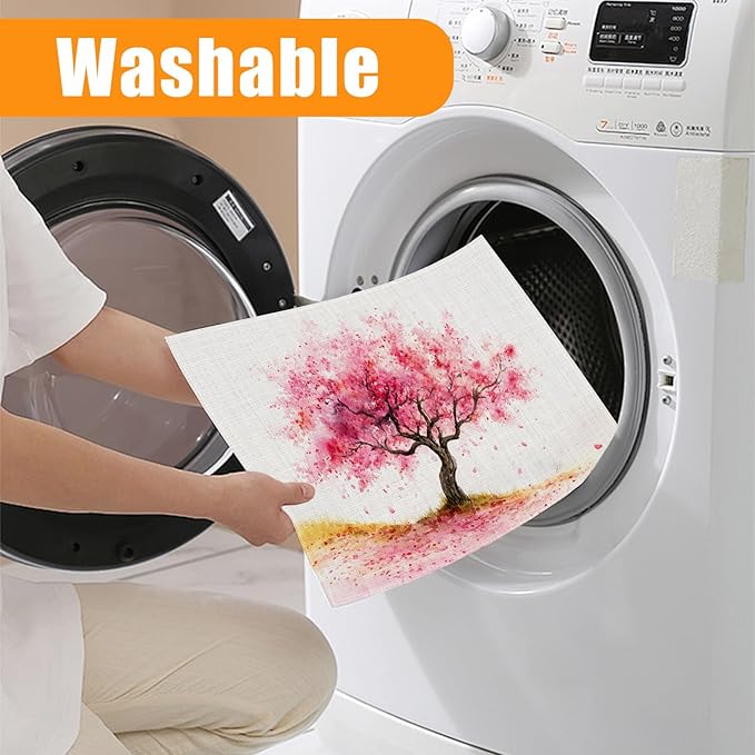 Cherry Blossom Flower Tree Placemats Set of 6,12 x 18 Inch Table Mats Washable Heat Resistant Linen Fabric Rectangle Place Mat for Party Home Kitchen Dining