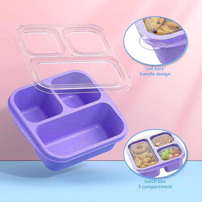 Snack Boxes (3 Pack) - Stackable Bento Boxes with 3 Compartments, Meal Prep Containers Reusable, Lightweight Lunch Containers for Kids and Adults, BPA Free (Purple)