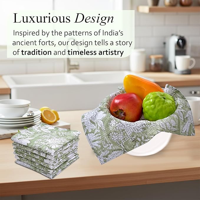 CPC Olive Green Hand Block Printed Cotton Waffle Dish Cloth Set of 6-12x12 Inch Super Absorbent, Soft, Reusable Kitchen Towels for Dish Drying & Cleaning Ideal for Spring, Mother's Day