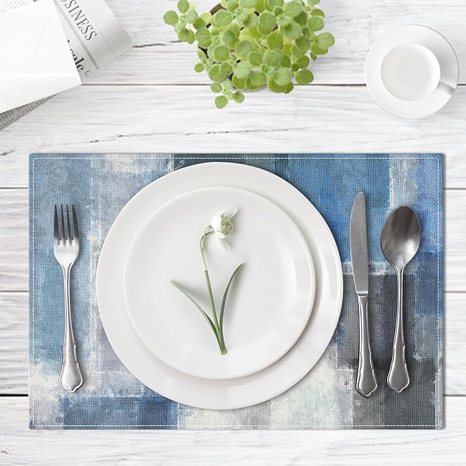 Emvency Farmhouse Placemats Set of 6, Abstract Geometric Blue Modern Grey 12x18 Inch Linen Rectangular Place Table Mats for Indoors & Outdoor Home Party Kitchen Dining Decoration