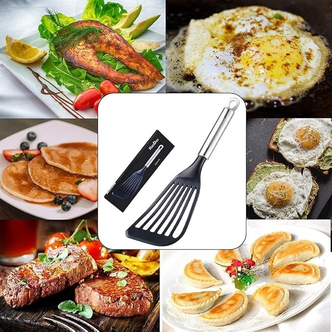 KSENDALO LFGB Certified Nylon Fish Spatula, Slotted Egg Turner for Nonstick Cookware – Flexible Wide Blade Kitchen Flipper for Eggs, Omelets, Pancakes, Dishwasher Safe (Max. 410°F）