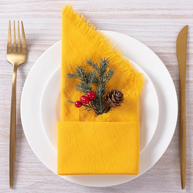 DeZerlor 6 Pack Gold Cotton Linen Napkins with Fringe Thanksgiving Fall Cloth Napkins Set of 6 Boho Handmade Dinner Table Napkins Bulk for Wedding Bridal Baby Shower Christmas Parties, 17 x 17 Inches