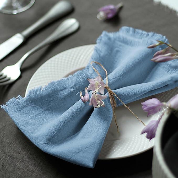 Handmade Cloth Napkins 100% Cotton Napkins with Fringe，Delicate Handmade Cloth Napkins for Dinners, Parties, Weddings and More，18 x 18 Inch Set of 4 - Blue