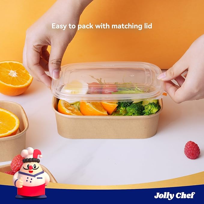 JOLLY CHEF 50 Pack Paper Food Containers with Lids, 19 oz Disposable Meal Prep Containers, Rectangular Paper Bowls with Lids for Thanksgiving, Christmas, Parties