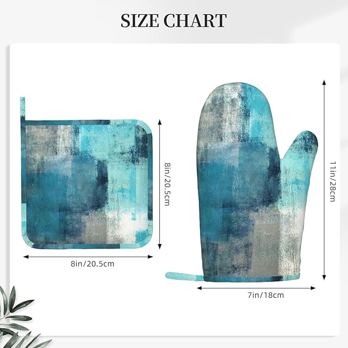 Modern Art Abstract Gery Turquoise Oven Mitts and Pot Holders Sets Silicone Turquoise Kitchen Mitts Potholders Heat Resistant 4Pcs Teal Oven Gloves Hot Pads for Kitchen Baking Cooking BBQ