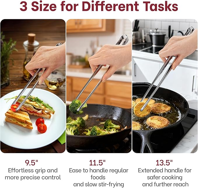 Precision Serrated Non-Slip Tips Cooking Tongs 3 Set (9.5" & 11.5" & 13.5"), 18/8 Stainless Steel Metal Tong, Light but Durable, Easily Control Kitchen Tweezer Tongs for Frying, Plating, BBQ