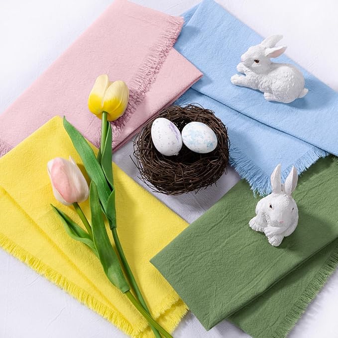 DeZerlor 12 Pack Easter Color Cotton Linen Napkins with Fringe Easter Spring Cloth Napkins Set of 6 12 Boho Handmade Dinner Napkins Bulk for Wedding Bridal Baby Boy Shower Parties, 17 x 17